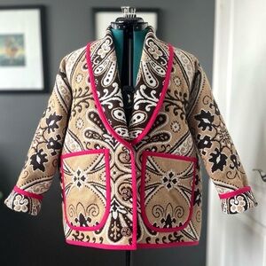 Jacquard cardi-coat, upcycled vintage bedspread, hot pink accents, ladies' M-L